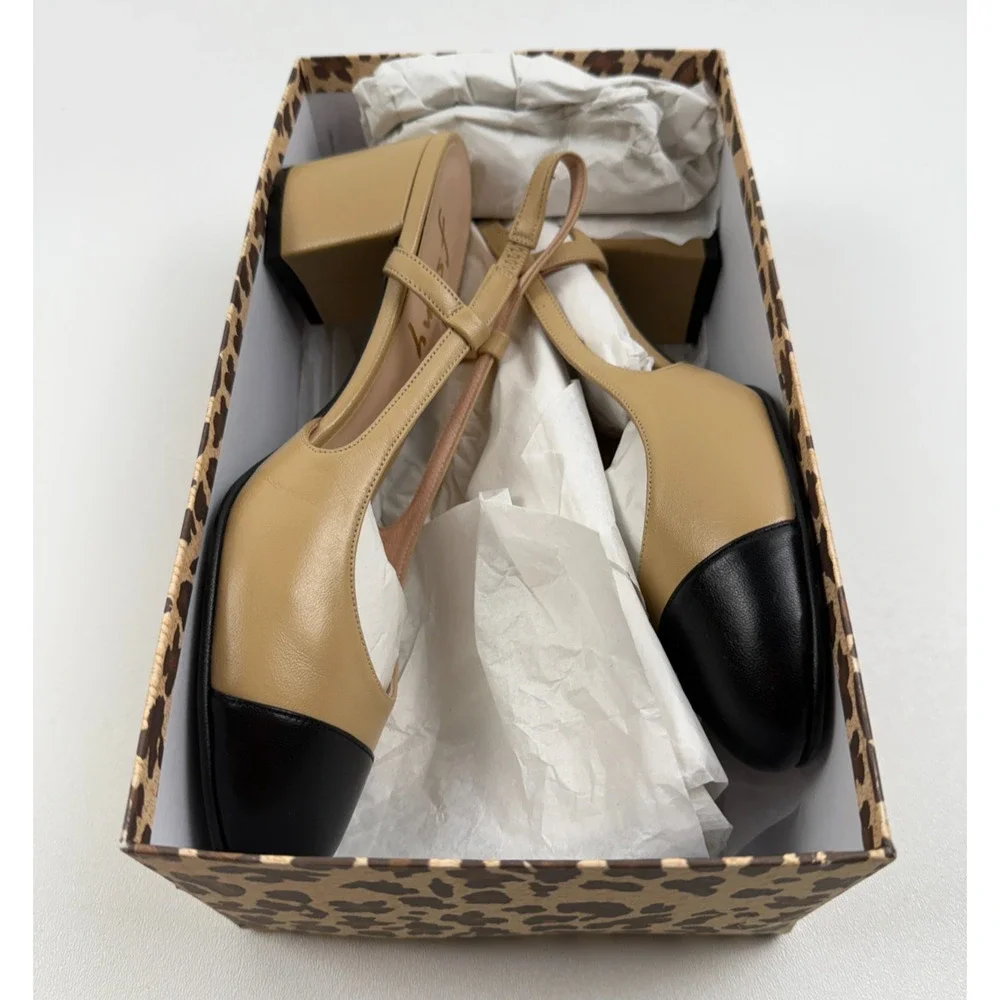 French Sole FS/NY Tuckernuck Slingback Baton Heels Camel Napa/Black Sz 7.5 NWT - Picture 8 of 9
